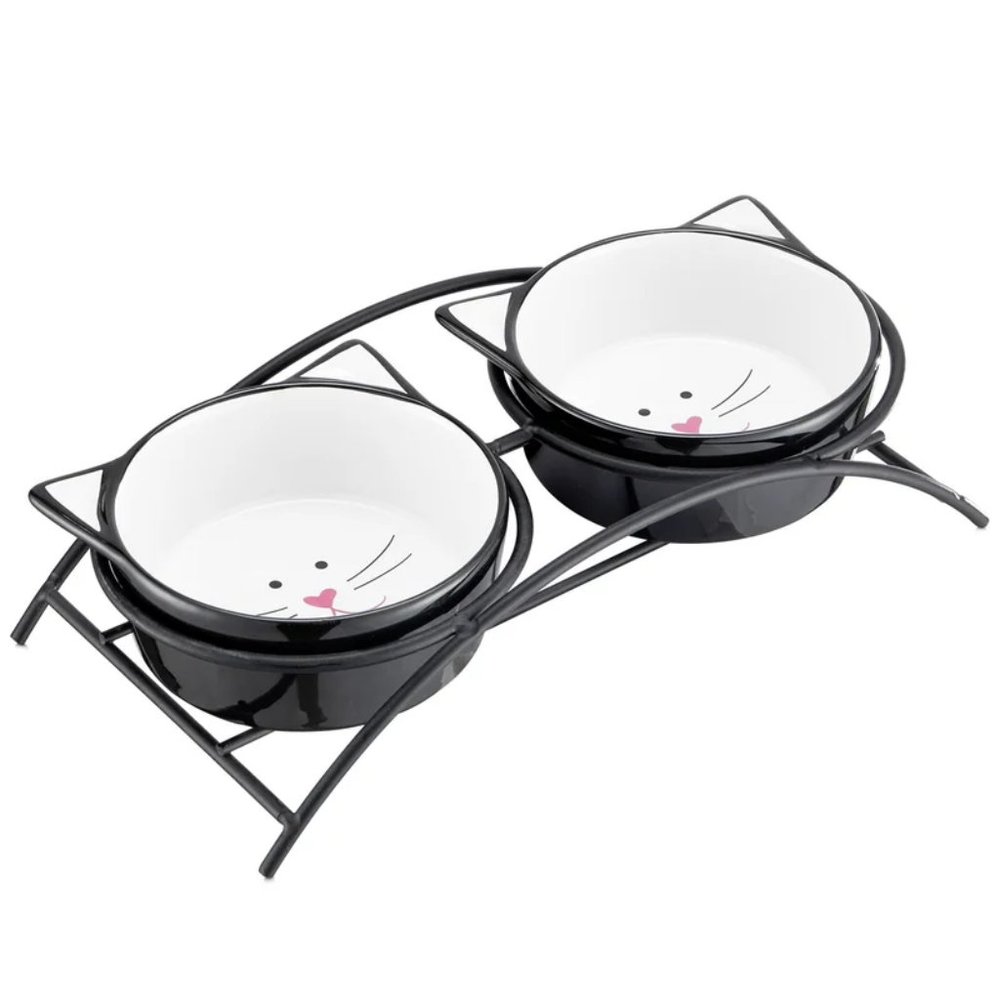Cat Bowl with Stand Elevated Pet Feeder (Black/White)
